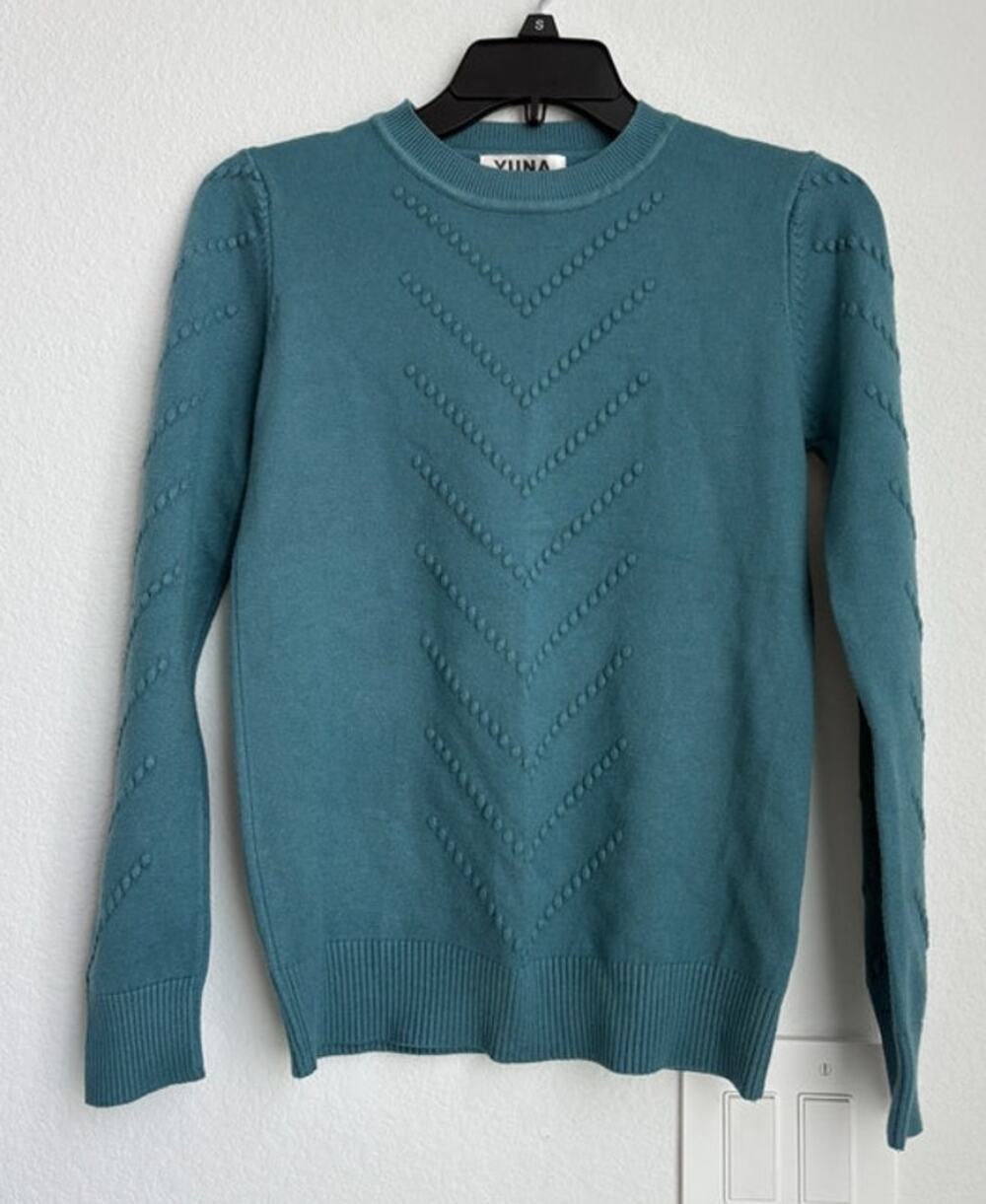 NEW Womens Cotton Blend Pointelle Blue Crewneck Sweater Size Medium